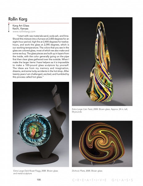 A page from Schiffer Publishing, Ltd.'s "Creative Glass" showcases three vibrant glass sculptures—a tall twisted piece, circular dish, and round vase—by renowned artist Rollin Karg, plus his artist statement and biography.