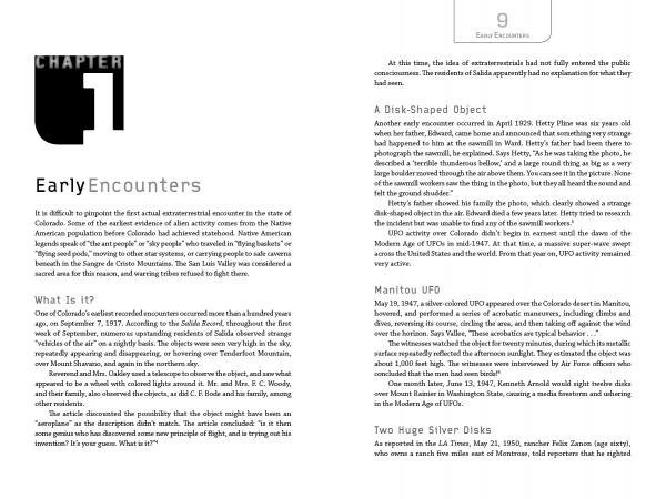 The book "UFOs Over Colorado" by Schiffer Publishing, Ltd. opens with a page on early UFO sightings, such as the San Luis Valley disk and two large silver disks. The layout includes text columns and a prominent CHAPTER 01 graphic on the left.