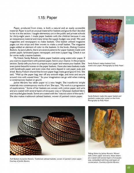 A magazine page features baskets crafted from "New and Different Materials for Weaving and Coiling" by Schiffer Publishing, Ltd., showcasing diverse textures. Captions credit the makers and materials used in each unique basket.