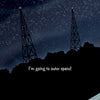 Two tall radio towers stand against a star-filled night sky, silhouetted by hills. Centered: “I’m Going to Outer Space!”—the Schiffer Publishing, Ltd. book promising an outer space adventure with robots and aliens. Rooftop at bottom right.