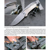A step-by-step guide to drilling and reaming a spacer for The Lockback Folding Knife by Schiffer Publishing, Ltd. Main image shows a clamp securing the knife with spring; insets highlight drilling with measuring tools.