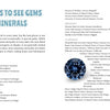 The 50 State Gems and Minerals by Schiffer Publishing, Ltd. features a spread listing museums and sites by U.S. state, serving as a fun kids' guide, with colorful mineral clusters along the edges and a central blue mineral photo.