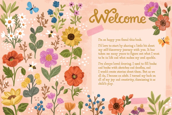 The Better Day Book by Schiffer Publishing, Ltd. features a vibrant page of wildflowers, bees, and butterflies beside a gold welcome message celebrating self-discovery, mindfulness, creativity, and childhood joy.