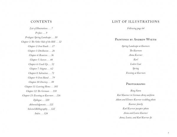Two facing pages from "Frozen Lives" by Schiffer Publishing, Ltd.: the left shows the table of contents, while the right lists illustrations featuring “Paintings by Andrew Wyeth” and a section of “Photographs.”.