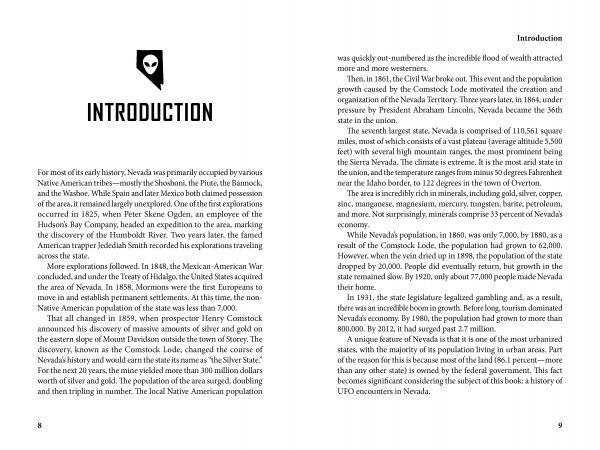 An open copy of UFOs Over Nevada by Schiffer Publishing, Ltd. shows the introduction section, with a skull icon and the word INTRODUCTION, and two columns on Nevada’s history, population, and notable UFO sightings.