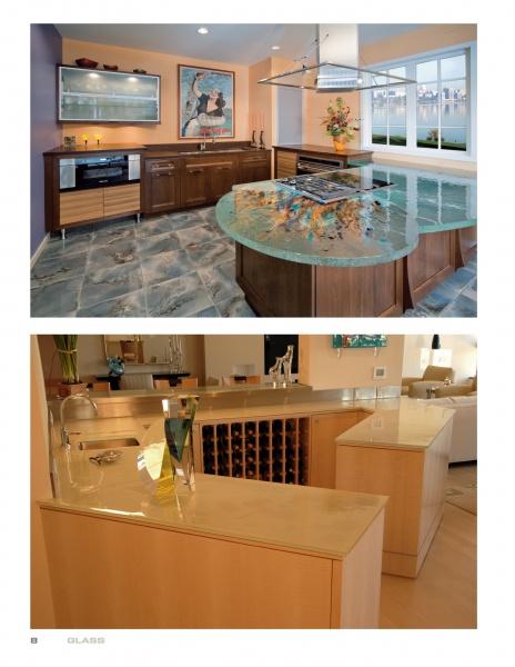 Two modern kitchens—one with a curved countertop island and city views; the other with light wood cabinets and a wine rack—illustrate styles explored in "The Countertop Book" by Schiffer Publishing, Ltd.