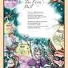 A whimsical fantasy fairy art illustration from "The Fairy's Song" by Schiffer Publishing, Ltd. shows fairies with colorful wings dancing beneath a starry sky and glowing lanterns, with a poem on the top right, like a poetry picture book.