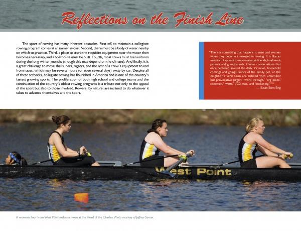 Three women rowers in yellow and black uniforms row together on the water. Above them is text and a quote about rowing, with the title "A History of Collegiate Rowing in America" by Schiffer Publishing, Ltd.