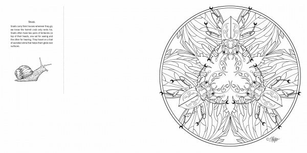 Garden Life coloring page by Schiffer Publishing, Ltd. features a black-and-white design with a small snail and text on the left, and a nature-inspired mandala with stylized snails and leaves on the right—ideal for mindfulness.