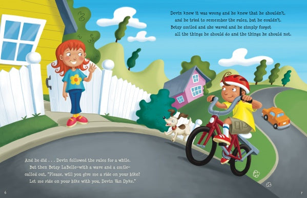 A girl in a pink dress smiles by a white fence as a boy rides a red bike, following safety rules from Schiffer Publishing, Ltd.'s "Bicycling Rules of the Road." A dog runs beside them; a yellow house and green hill appear in the background.