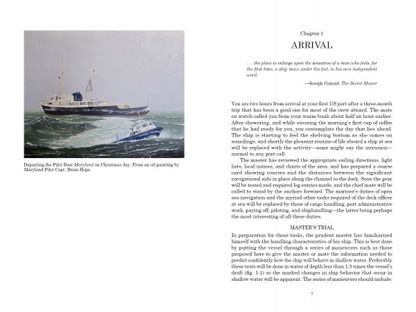 A page from Schiffer Publishing, Ltd.'s "Shiphandling for the Mariner" shows a painting of a large ship and small boat, with text featuring the chapter title Arrival, a quote, mariner guidance info, and a Masters Trial section.