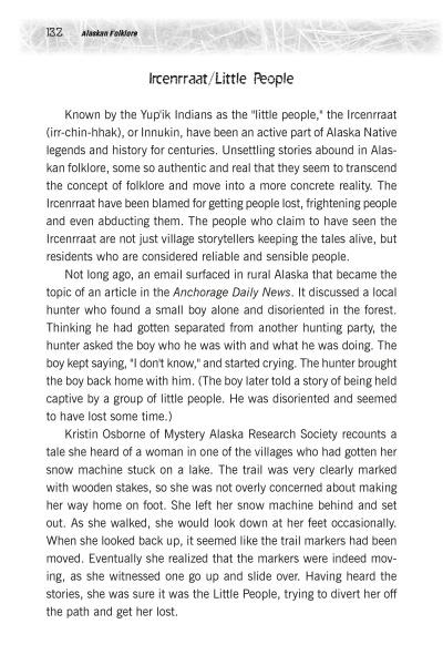 A page from Ghosts of Alaska by Schiffer Publishing, Ltd. explores Alaskan legends and Inuit folklore about mysterious small beings, sharing personal stories and revealing their cultural significance in Alaska's haunted tales.