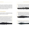 Two pages from "Knife Throwing Like the Pros" by Schiffer Publishing, Ltd. show four black throwing knives with labeled descriptions, plus text detailing their features and brands.