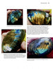 Four close-up photos from "Jewels of the Early Earth" (Schiffer Publishing, Ltd.) display polished labradorite’s iridescent blue, green, and gold hues, with each stone labeled by origin—Labrador, Madagascar—and descriptive text shown below.