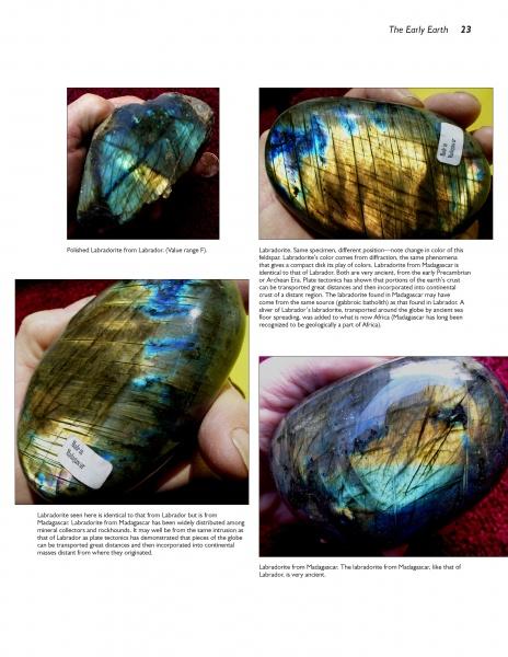 Four close-up photos from "Jewels of the Early Earth" (Schiffer Publishing, Ltd.) display polished labradorite’s iridescent blue, green, and gold hues, with each stone labeled by origin—Labrador, Madagascar—and descriptive text shown below.
