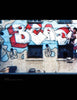 A person poses with an arm raised before a building wall featuring large, colorful "Blade" graffiti—highlighting the iconic New York artist—outlined in red and white on blue. Product: Blade by Schiffer Publishing, Ltd. The image appears slightly blurred.