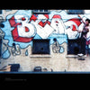 A person poses with an arm raised before a building wall featuring large, colorful "Blade" graffiti—highlighting the iconic New York artist—outlined in red and white on blue. Product: Blade by Schiffer Publishing, Ltd. The image appears slightly blurred.