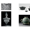 A collage features ornate ceilings, a crystal chandelier, Schiffer Publishing’s Cast black cast iron cookware highlighting casting techniques, and an ancient greenish metal vase with handles, all set on white with text at left.