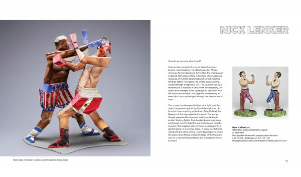 Two ceramic boxer figurines mid-fight stand on gray, while two upright figures pose nearby. A white background features text and "Nick Lenker," evoking an art exhibition—highlighted in "From Storage to Studio" by Schiffer Publishing, Ltd.