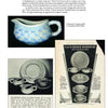 A page with text and images about Solid-Colored Dinnerware by Schiffer Publishing, Ltd., featuring collectible pieces such as creamer, cups, saucers, and a vintage black-and-white dishware ad.