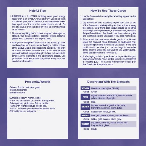 The EZ2 Feng Shui info sheet by Schiffer Publishing, Ltd. is divided into Helpful Tips, Card Use, Prosperity/Wealth, and Decorating with the Elements for insights on balancing home energy and applying the Bagua map with the included card deck.