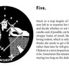 A black-and-white illustration from The Gorgon's Tarot by Schiffer Publishing, Ltd. shows a contemplative woman with arms outstretched, five swords, and a seated leopard; explanatory text shares the Five of Swords meaning.