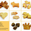 Baking for Dogs" by Schiffer Publishing, Ltd. features a 3x3 grid of nine healthy dog treats—bones, dogs, hearts, pigs, squares, crown, and two round biscuits—with treat names labeled and a note in the lower left corner.