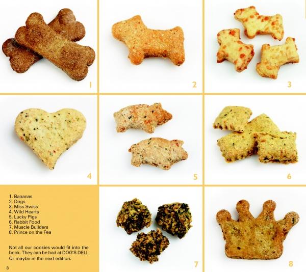 Baking for Dogs" by Schiffer Publishing, Ltd. features a 3x3 grid of nine healthy dog treats—bones, dogs, hearts, pigs, squares, crown, and two round biscuits—with treat names labeled and a note in the lower left corner.