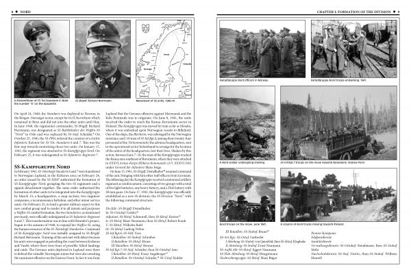 A two-page spread from Schiffer Publishing's "The 6th Waffen-SS Gebirgs (Mountain) Division Nord" shows WWII photos of soldiers, officers, vehicles, and maps with captions detailing the division’s actions in Norway and Finland.