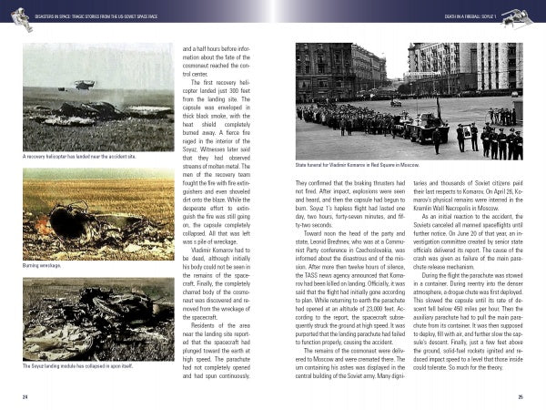 A two-page spread from “Disasters in Space” by Schiffer Publishing, Ltd. shows black-and-white photos of wreckage, a rescue helicopter, and a military funeral, with text columns detailing space shuttle tragedy events.