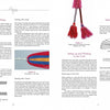 A book spread from Andean Sling Braids (Schiffer Publishing, Ltd.) explains weaving and braiding techniques with diagrams, photos of colorful yarn, a loom, tassels, and illustrated knots and Peruvian sling braids on a white background.