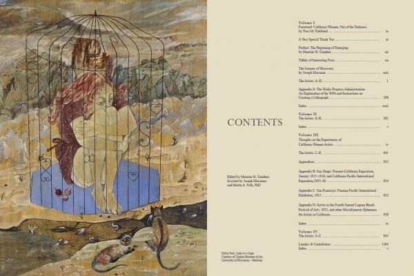 “Emerging from the Shadows, Vol. I” by Schiffer Publishing, Ltd.: A surreal painting of a nude red-haired woman in a birdcage set in a barren landscape, watched by a cat and dog; to the right, a book’s contents page references California art history.
