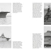 Four black-and-white photos of the WWII Essex class aircraft carrier USS Lexington (CV/CVA-16) by Schiffer Publishing, Ltd. show side and superstructure views across two pages, with text detailing its history and design.