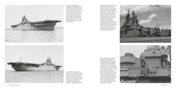 Four black-and-white photos of the WWII Essex class aircraft carrier USS Lexington (CV/CVA-16) by Schiffer Publishing, Ltd. show side and superstructure views across two pages, with text detailing its history and design.