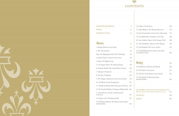 A two-page spread from Schiffer Publishing’s "Beyond Fabergé" displays the table of contents, featuring History and Market sections alongside gold and white fleur-de-lis designs, highlighting imperial Russian jewelers’ artistry.
