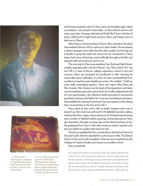 A magazine page for "The Life and Work of Harry Bertoia" by Schiffer Publishing, Ltd. displays a man’s portrait, a bronze dancer sculpture, and text about Bertoia’s life, education, and career as a mid-century modern Detroit artist and teacher.