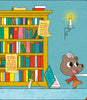 A cheerful bear in a paper hat walks past a bookshelf filled with colorful books and scrolls, including "Dragon's Castle" by Schiffer Publishing, Ltd. A candle glows on the wall, with a toy sword and fallen book on the floor.