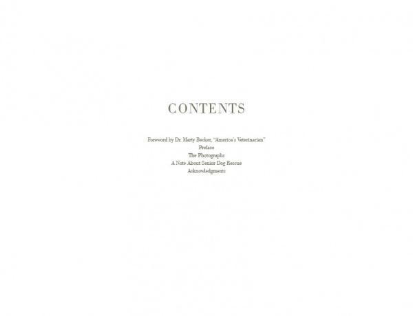 A white page, centered title CONTENTS, lists Foreword by Dr. Marty Becker, Preface, The Photographer, A Note About Senior Dog Rescue, and Acknowledgements—celebrating senior dogs in Nancy LeVine’s "Senior Dogs Across America" (Schiffer Publishing).