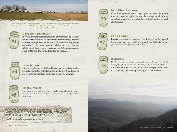 A magazine spread for Schiffer Publishing, Ltd.’s "Coulter & Payne Farm Distillery's 101 Uses for Moonshine" showcases moonshine’s versatile uses with jars and numbered text, set against rural and mountain backdrops.