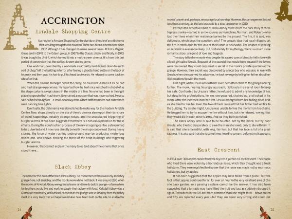 A sepia-toned double-page spread from "Lancashire Folk" by Schiffer Publishing, Ltd. covers the history of Accrington, featuring the Arndale Shopping Centre, Black Abbey, East Crescent, and local folklore with decorative corner elements.