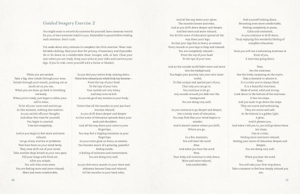 An open book, How Art Heals by Schiffer Publishing, Ltd., displays a two-page spread titled Guided Imagery Exercise 2 with large, calming text for relaxation and guided meditation—ideal for art therapy or collage prompt exploration.