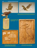 A page showcases woodcarving bird art, like a fish hawk and flying egret, with relief carvings of a lighthouse scene and heron among reeds—all displayed on blue backgrounds beside “Power Carving a Chesapeake Bay Blue Crab” by Schiffer Publishing, Ltd.