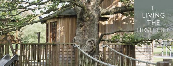A wooden treehouse with a rope bridge winds around a large tree. A grey box with white text reads 1. Living the High Life. The tranquil scene is from Tree Houses Reimagined by Schiffer Publishing, Ltd., ideal for garden retreats.