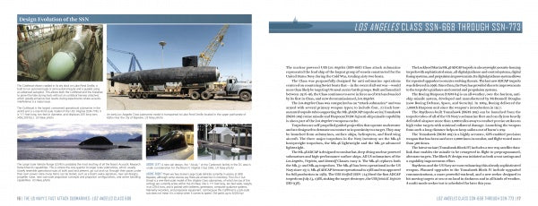 A two-page spread from The US Navy's Fast Attack Submarines, Vol. 1 by Schiffer Publishing, Ltd. showcases Los Angeles-class nuclear subs with detailed text, multiple photos in drydock and water, and a blue submarine header graphic.