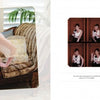 A smiling woman with long brown hair sits on a sofa in a bright living room, surrounded by cushions and stylish table decor gifts. Beside her is "Jewelry for Your Table" by Schiffer Publishing, Ltd., open to a page with photo booth pictures.