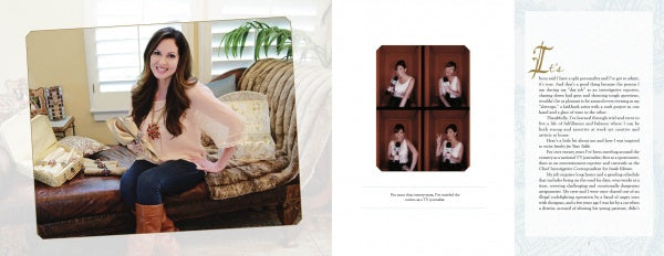 A smiling woman with long brown hair sits on a sofa in a bright living room, surrounded by cushions and stylish table decor gifts. Beside her is "Jewelry for Your Table" by Schiffer Publishing, Ltd., open to a page with photo booth pictures.