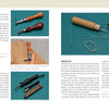 A book spread from "Practical Leatherwork" by Schiffer Publishing, Ltd. displays stitching groovers and grooving tools on the left, with needles and awls on the right—a useful beginner’s leathercraft visual guide.