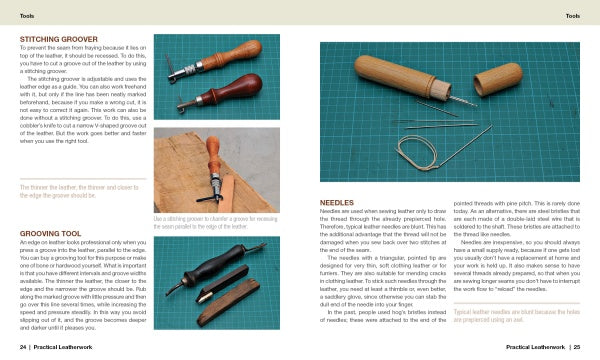 A book spread from "Practical Leatherwork" by Schiffer Publishing, Ltd. displays stitching groovers and grooving tools on the left, with needles and awls on the right—a useful beginner’s leathercraft visual guide.