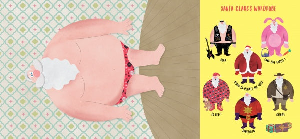 The book "Yikes! Santa Claus is in His Underpants!" by Schiffer Publishing, Ltd. shows Santa in heart-patterned underwear with labeled outfits—Pink, Biker, Plaid for the Gift, Ho Ho Ho, Superstar, and Beach—for kids to dress him.