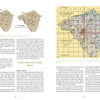 A two-page spread in "The Story of Lime and the Lime Kilns of Lancaster County" by Schiffer Publishing, Ltd. features two historic Lancaster County maps, text about construction lime kilns, and a color-coded topographic map with grid labels.